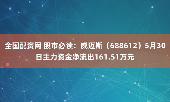 全国配资网 股市必读：威迈斯（688612）5月30日主力资金净流出161.51万元